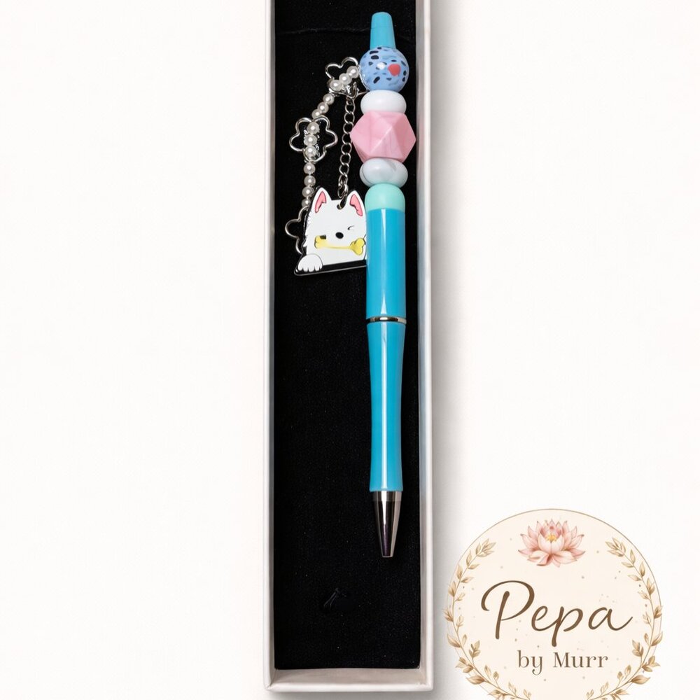 Turquoise Kawaii Beaded Pen with White Puppy Charm – Gift Box Included